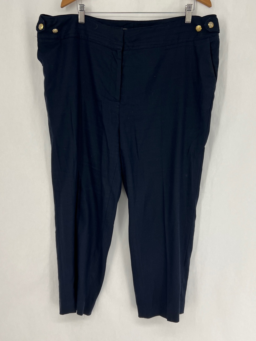 Veronica Beard Navy Tapered Linen Trousers with Gold Buttons